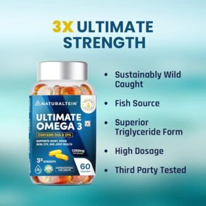 NATURALTEIN 3x Ultimate Strength High EPA with DHA Omega-3 Supplement, Only Glyohosate residue free Omega in India, Premium Burpless 60 Softgels, 1 count, 60 capsules