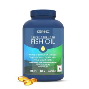 GNC Triple Strength Fish Oil 1500mg Omega-3 with 900mg EPA & DHA | 60 Softgels | For Heart, Healthy Cholesterol, Joint Comfort, Focus & Vision | Enteric-Coated for No Fishy Aftertaste |USA Formulated